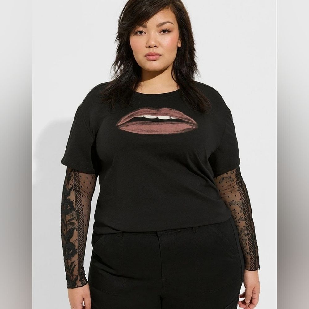 Torrid Black Long Sleeve Top with Lace and Lip Design